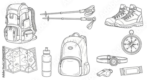 Comprehensive Set of Essential Hiking and Camping Gear for Outdoor Enthusiasts, Illustrating Readiness for Wilderness Adventures and Trail Expeditions
