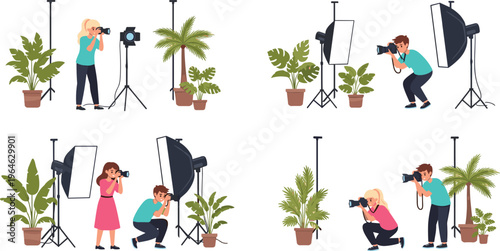 Flat vector illustration collection of professional photographers working in a studio taking photos of potted plants using softbox lights and professional cameras.