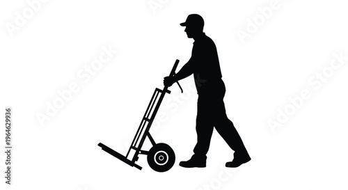 Professional worker pushing a heavy-duty hand truck, a dynamic moving service vector graphic illustration.
