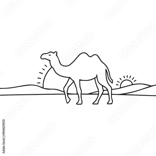 Camel walking in desert landscape with sunset black and white vector illustration