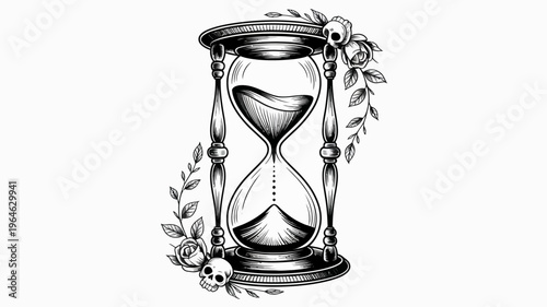 An ornate hourglass entwined with floral elements and a subtle morbid touch