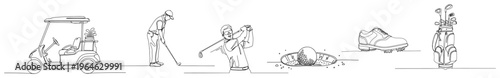 Set of golf sports icons and equipment drawn in continuous line art style