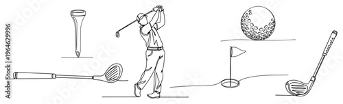 Professional golfer silhouette and sports equipment in minimalist single line drawing style