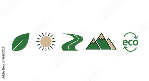Eco-friendly nature icons - leaf, sun, road, mountains, and recycling symbol.