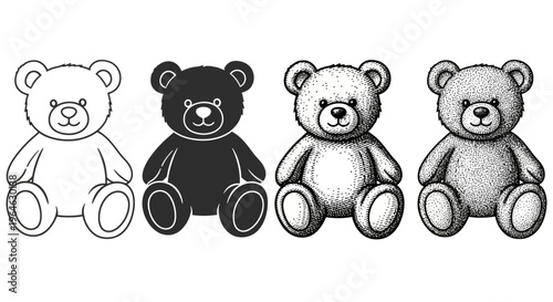 Four distinct teddy bear illustrations in black and white, showcasing different styles from outline to stippled shading