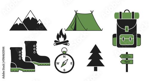 Outdoor camping and hiking adventure gear collection for nature exploration.