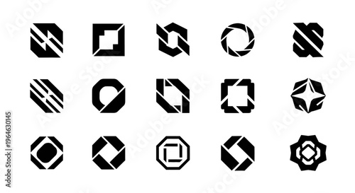 Diverse collection of abstract geometric black logos and icons representing modern design and corporate identity.