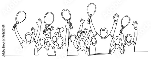 Minimalist continuous line drawing of tennis fans cheering with rackets and raised hands during a match