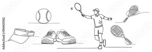 Continuous line art of tennis equipment including shoes ball visor and rackets with an athlete playing