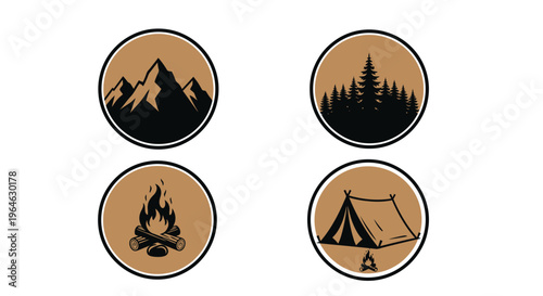 Set of four outdoor adventure and camping themed circular icons.
