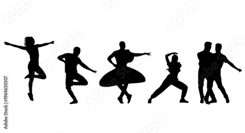 Silhouettes of dancers performing various dance styles in mid-motion