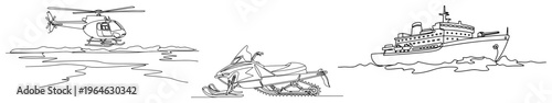 Minimalist continuous line art of polar exploration vehicles including helicopter snowmobile and icebreaker ship