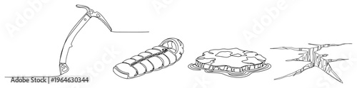 One line drawing of arctic expedition equipment featuring ice axe sleeping bag and glacier landscapes