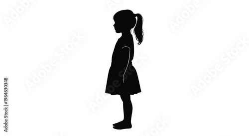 Simple black silhouette vector graphic illustration of a small girl standing in profile view