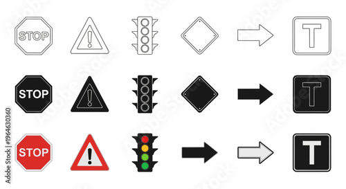 Vector road signs and traffic lights set. Stop, warning, arrow icons in color, black & white, outline styles for UI, web, and transportation graphic design projects
