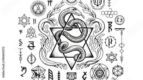 Intricate black and white illustration featuring a serpent entwined around symbols