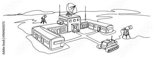 Detailed continuous line drawing of a remote polar research station with scientific equipment and a snowcat