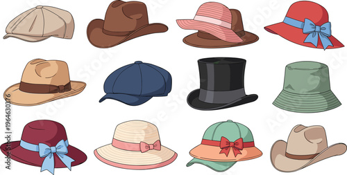 Flat vector illustration collection of stylish hats for men and women including fedoras, cowboy hats, sun hats with ribbons, top hats, and newsboy caps.