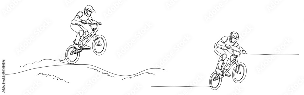Fototapeta premium Continuous line drawing of a BMX biker performing a jump and riding on a path