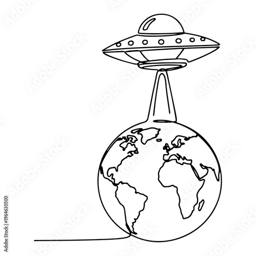 Continuous line drawing of a UFO flying saucer hovering above planet Earth