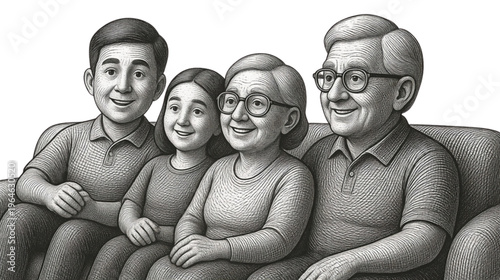 Happy smiling family of four parents and children posing together in a joyful portrait