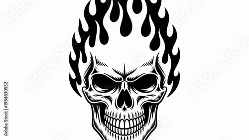 A striking black and white illustration of a skull engulfed in flames