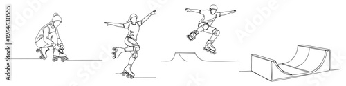 Minimalist continuous line art of people inline skating and a halfpipe ramp in a skatepark