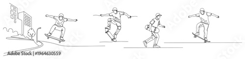 Continuous line drawing of a skateboarder performing various tricks and walking in a city environment