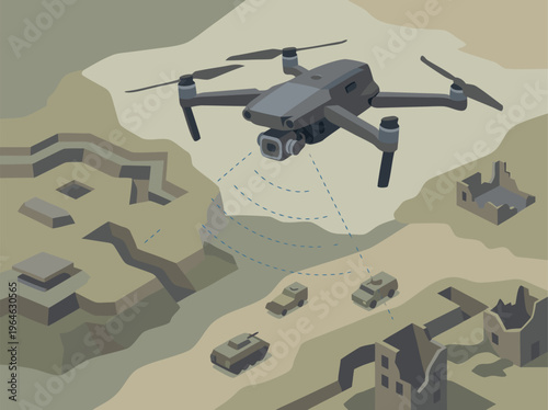 Drone Surveillance Over War-Torn Landscape with Military Vehicles.