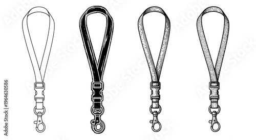Detailed Monochrome Vector Lanyard Illustrations Set with Diverse Clasps – Essential Graphic Elements for Branding, Identification, and Security Applications