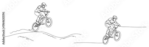 Continuous line drawing of a BMX biker performing a jump and riding on a path