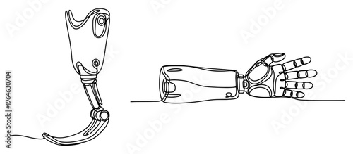 Continuous line drawing of modern prosthetic leg blade and bionic robotic arm hand
