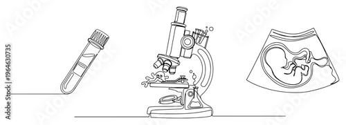 Continuous line art of medical laboratory equipment including microscope and pregnancy ultrasound scan
