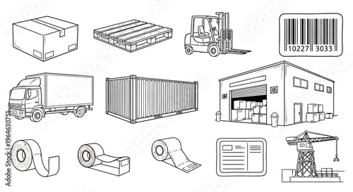 Essential Logistics and Supply Chain Operations Black and White Line Art Illustrations for Shipping, Warehousing, and Delivery Concepts