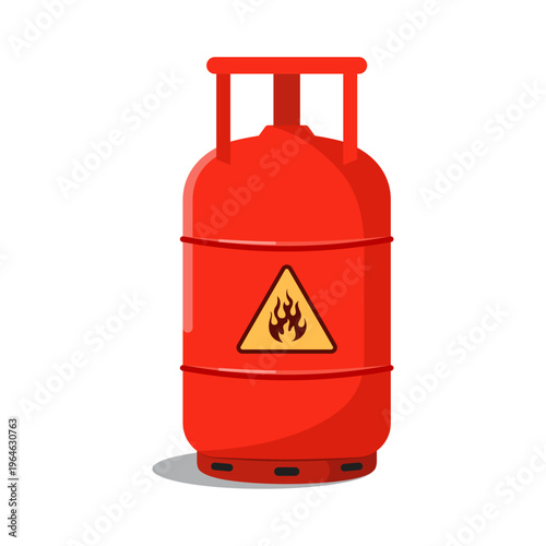 LPG gas cylinder with flammable warning sign red propane tank for cooking fuel storage safety hazard vector illustration.