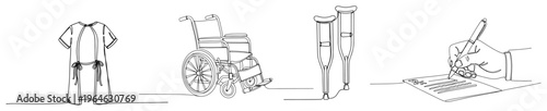 Continuous line art collection of medical equipment icons including hospital gown wheelchair crutches and patient signing consent form
