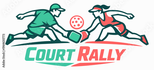 Court Rally Pickleball Team Logo Featuring Competitive Players In Action With Paddle And Ball In Bold Modern Vector Emblem Design Representing Energy Teamwork And Skill