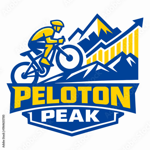 Peloton Peak Cycling Team Emblem Featuring Mountain Biker Climbing With Upward Arrow In Bold Athletic Vector Logo Design Representing Endurance Growth And Achievement