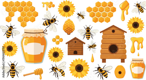 Flat vector illustration set of beekeeping and honey production featuring honey jars, wooden beehives, sunflowers, flying bees, and golden honeycomb.