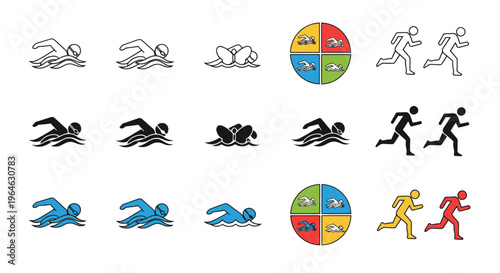 Diverse vector icon set for sports and fitness applications, featuring various swimming strokes and running figures presented in outline, solid fill, and colorful graphic styles