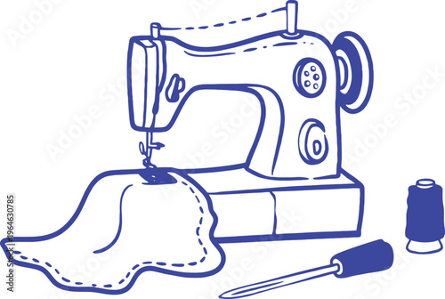 Vintage sewing machine with fabric and tailoring tools hand drawn outline sketch vector illustration