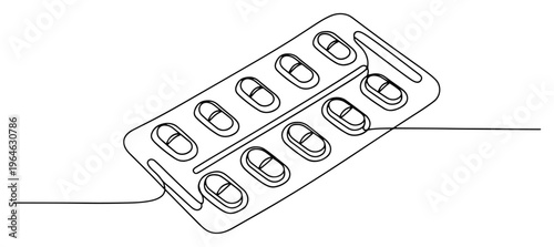 Blister pack of capsule pills medication drawn in minimalist continuous line art style