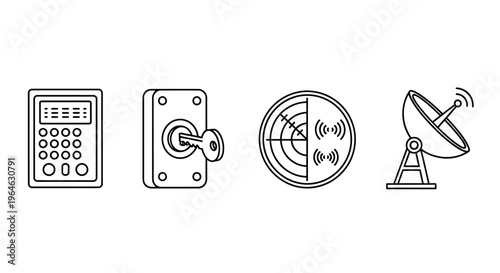 Security and Communication Technology Icons Keypad, Lock, Radar, and Satellite Dish Illustrations