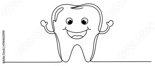 Single continuous line drawing of a cute happy smiling tooth mascot