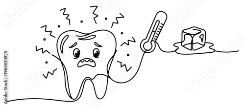 Continuous line drawing of a sad tooth suffering from intense pain and fever with ice cube