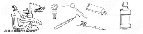Continuous line art collection of dental clinic equipment including chair and hygiene tools