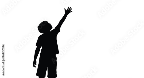 Black silhouette vector graphic illustration of a young boy reaching upward with one arm extended high