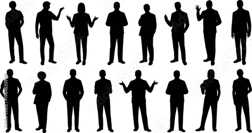 Business people silhouettes collection with expressive gestures and standing poses isolated on white background, corporate professionals set for presentation and design projects