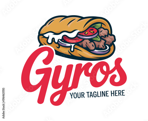A colorful logo for a gyros restaurant with a cartoon sandwich and text
