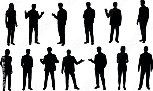 Business people silhouettes set with various gestures and standing poses isolated on white background, corporate team collection for professional presentation design use